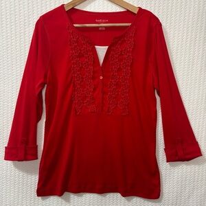 Van Heusen Top Womens L Red Embroidered Lace Trim 3/4 Sleeve Casual Chic Boho